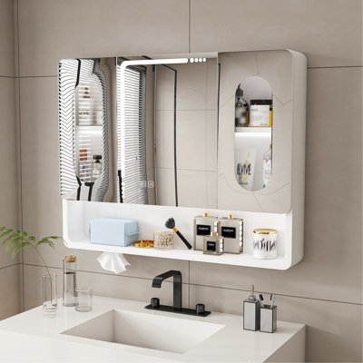 Wall Mounted Bathroom Mirror Cabinet With LED Lights, Anti-Fog & Explosion-Proof, Touch Control Medicine Cabinet, 3 Color Lighting, Defogger, Storage With Transparent Glass