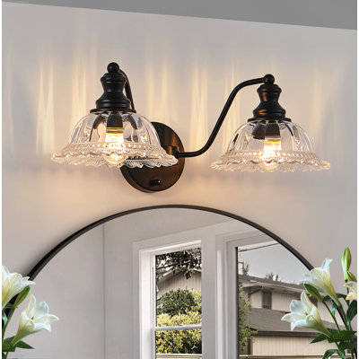 Luminaire de salle de bain rétro 2 lumières avec abat-jour en cristal raffiné noir mat