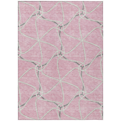 9' X 12' Pink And Ivory Geometric Washable Indoor Outdoor Area Rug