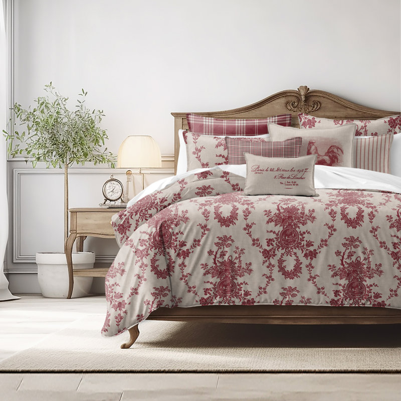 Country Lane Toile Crimson Cotton Comforter Set  8 Piece, Full Comforter + 7 Additional Pieces