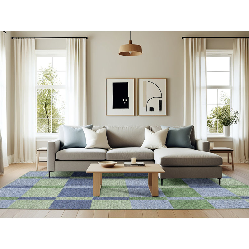 Tapis géométrique bleu / vert Zak, Rectangle 6 pi x 9 pi