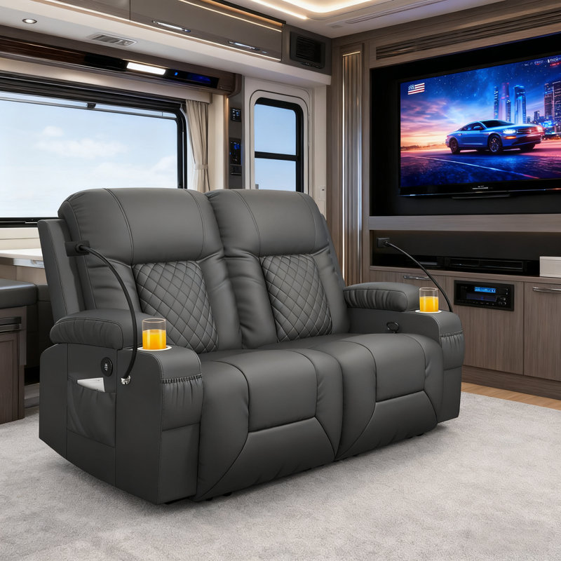 55” RV Loveseat Recliner Sofa, zero clearance recliner  Recliners with USB Ports, Cup Holders, Insert Pockets, RV Recliners for Travel Trailers & Living Room, RV Couch