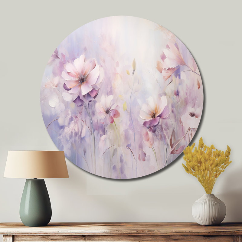 Mauve Botanical Whispers III - Art abstrait rond en métal, H 16 po x l 16 po