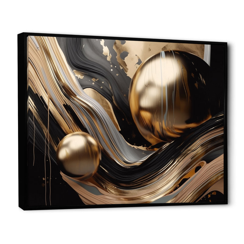 Impression sur toile encadrée dorée et noire I - marbre abstrait, Cadre flottant noir, H 24 po x l 32 po x P 1 po