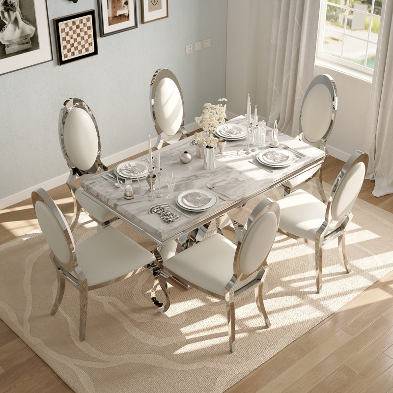 Ensemble de table de salle à manger de luxe blanc et argent avec 6 chaises en cuir blanches, 7 pièces : table, 6 chaises