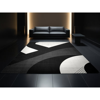 Tapis géométrique noir et moderne lavable à la machine Bensonhurst - Reliure noire