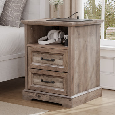 Kadric 17.7'' W Farmhouse Nightstand With Built-in Outlets, 2 Drawers and Open Shelf
