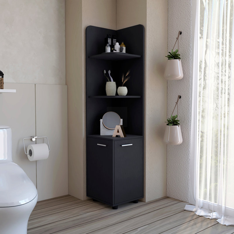 62" Tall Double Door Corner Linen Cabinet With Four Shelves Black