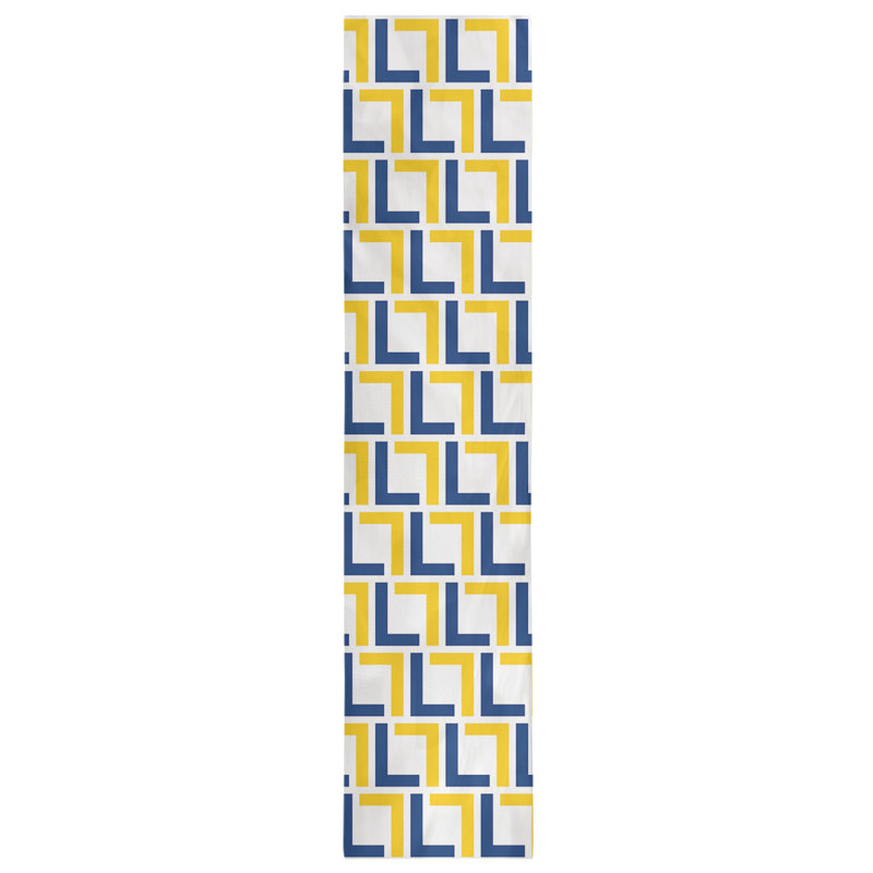 Geometric Table Runner, 90" x 16", White/Royal Blue/Gold, Polyester