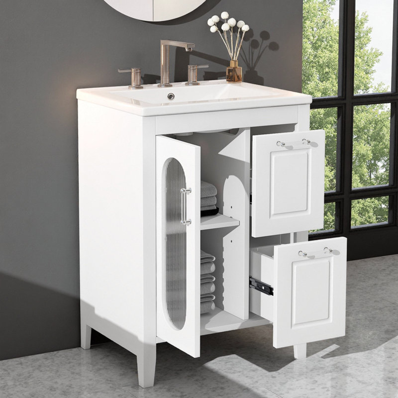 Ensemble de meuble-lavabo 24 po avec lavabo | Structure en bois massif + panneau de fibres à densité moyenne, porte en verre Moru, 2 tiroirs + tablette réglable, robinet espacé de 8 po, bouchon de 150 lb, fermeture en douceur