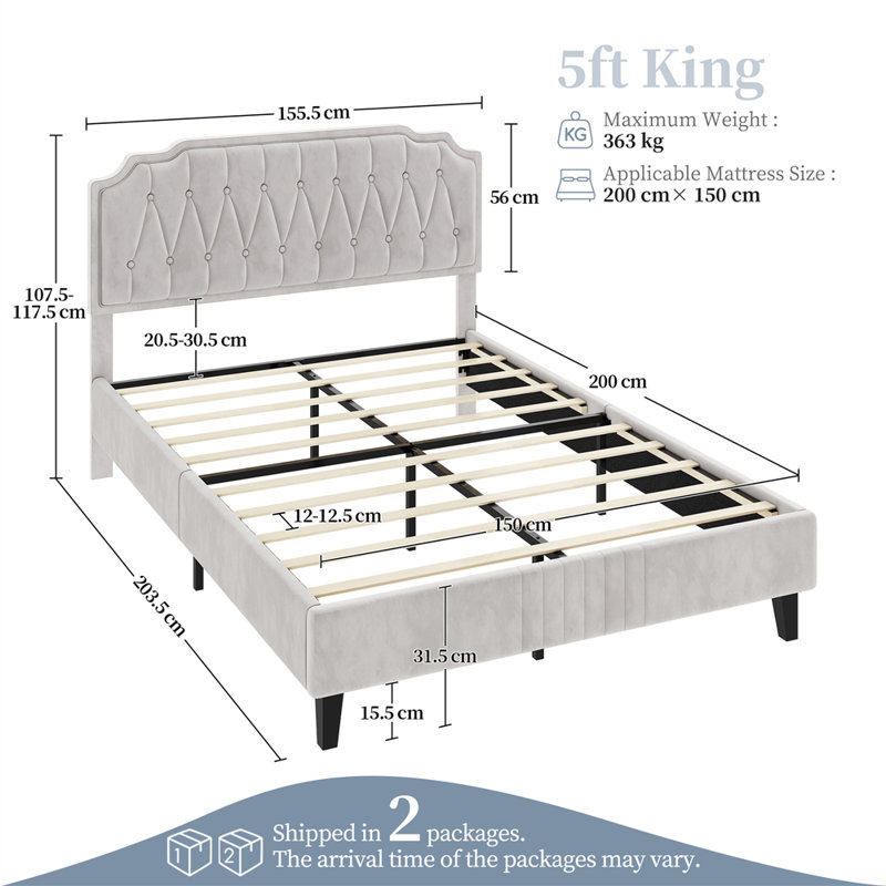 Upholstered Bed Frame with with Diamond Button-Tufted Headboard, Beige, King