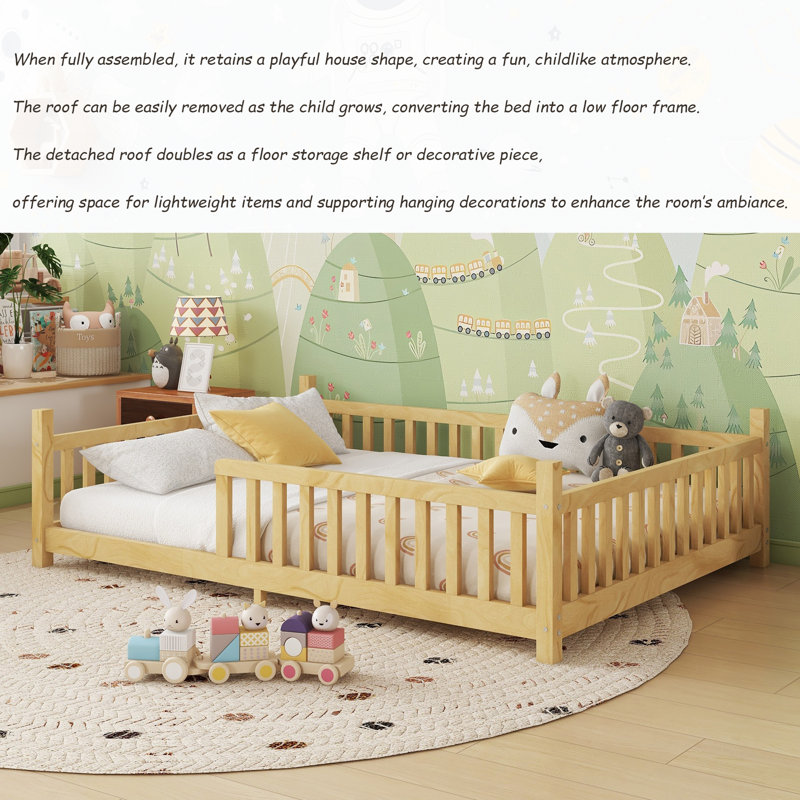 Full Size House Floor Bed with LED Lights and Fence Guardrails for Kids Wood Low Bed Frame with Removable Roof, Natural, Full