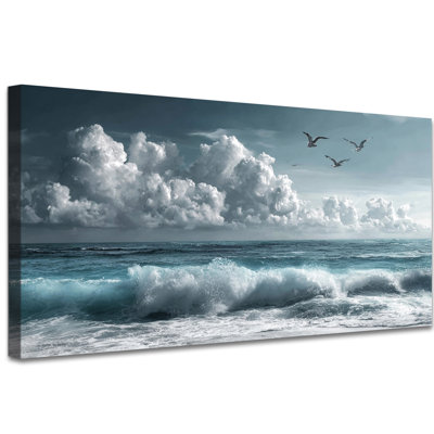 Large Ocean Canvas Wall Art Beach Landscape Wall Decor Seascape Picture Prints Ready to Hang Coastal Theme Canvas Wrapped Framed Poster Painting for Living Room Bedroom Bathroom Office Decoration, 24×48 Inches