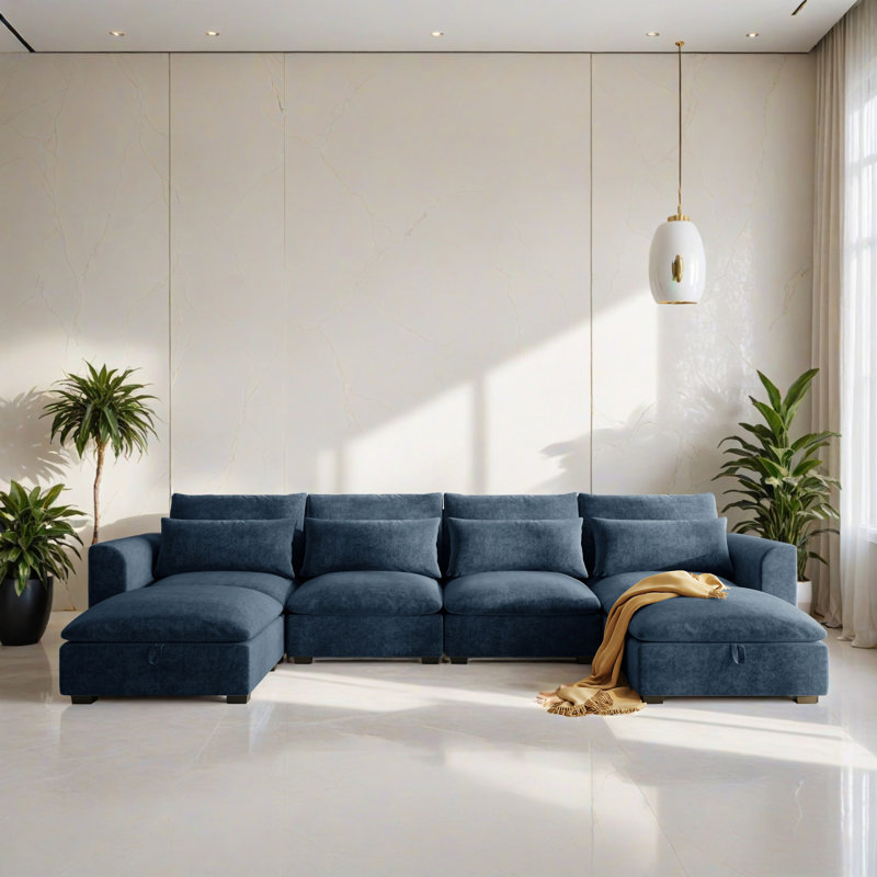 6 - Piece Modular Sleeper Sectional Sofa Bed Corner Sofa for Living Room, Blue Linen Blend