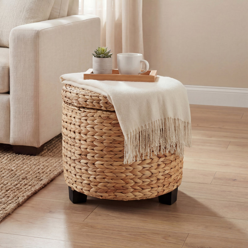 Addie 17.72" Modern Coastal Handwoven Water Hyacinth Storage Ottoman with Lid, Natural