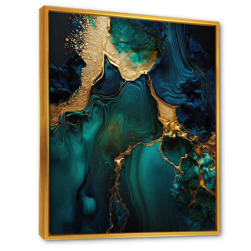 Abstract Geode Marble Green and Gold - Impression sur toile encadrée abstraite, L 30 po x H 40 po