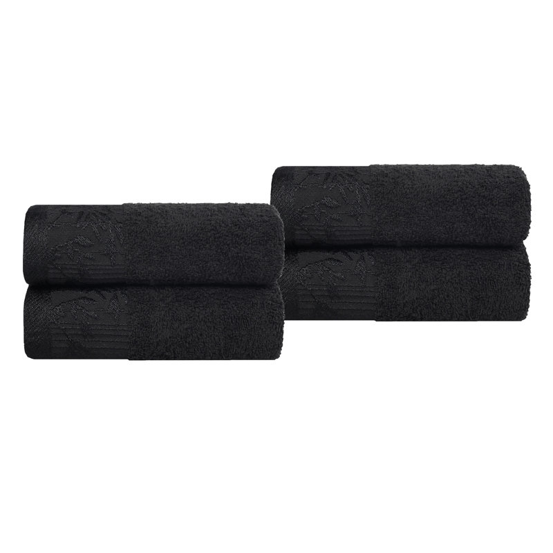 Carinna Cotton Medium Weight Floral Jacquard Border Assorted Bathroom Towel Set, Black/Black, Hand Towels - 4 Pack