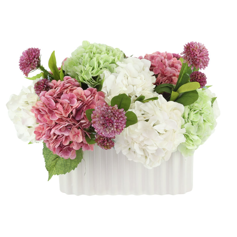 Hydrangea and Dahlia Arrangement in Ceramic Vase