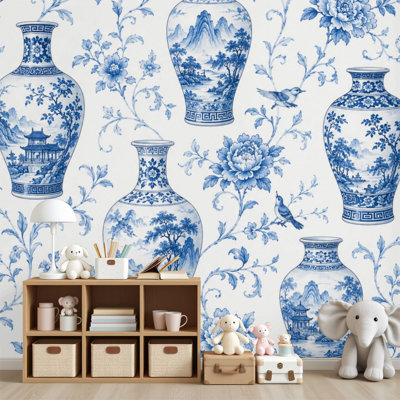 Papier peint adhésif mural Vase en porcelaine blanche et blanche à motif floral Scenic Designs