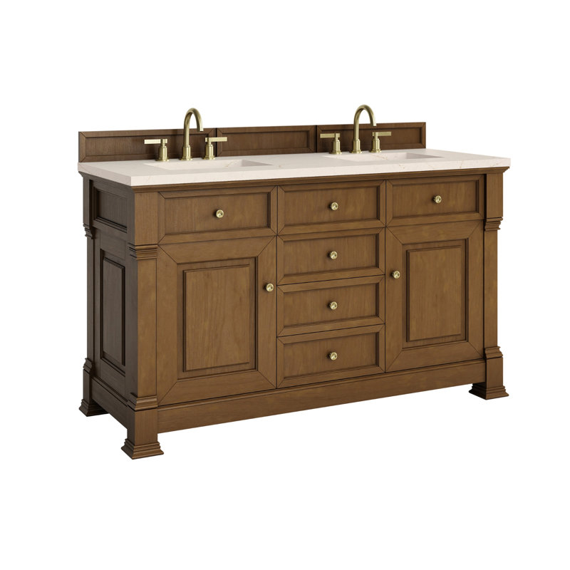 Brookfield 60'' W Double Vanity, Carrara White, Widespread, Honey Oak