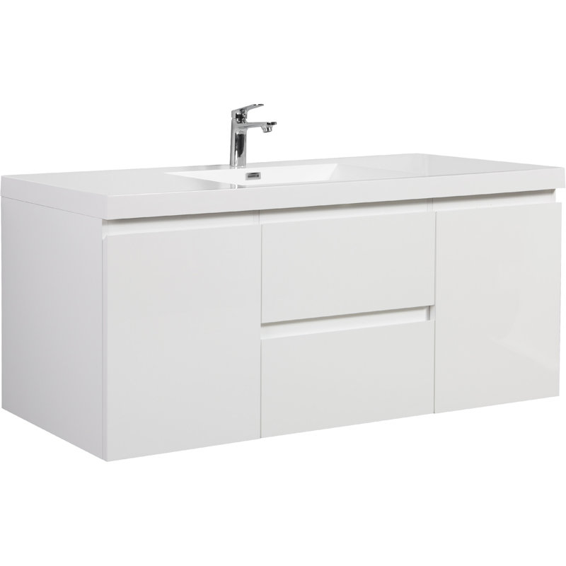 Meuble-lavabo flottant avec lavabo, mural et peu encombrant, idéal pour les salles de bain modernes.