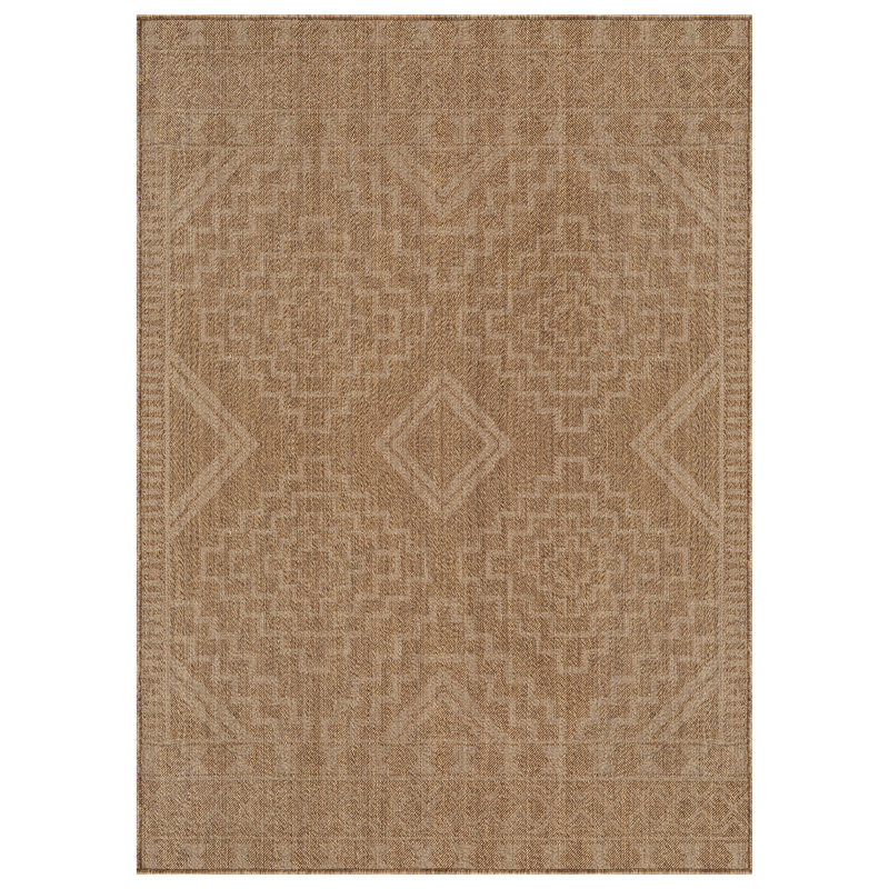 Geometric Border Sand/Natural Easy-Care Jute-Style Indoor/Outdoor Flat Woven Area Rug, Rectangle 5' x 7', Sand