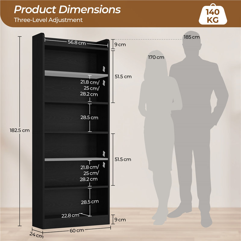 Standard Bookcase, Black, (7 Shelves) 180.5" H x 60" W x 24" D