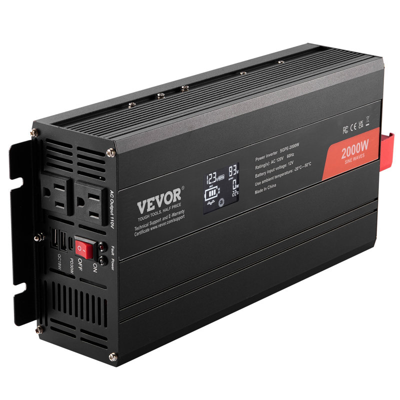 Pure Sine Wave Inverter, 2000 Watt, DC 12V to AC 110V Power Inverter with 2 AC Outlets 2 USB Port 1 Type-C Port, LCD Display and Remote Controller for Medium-Sized Household Equipment, CE FCC