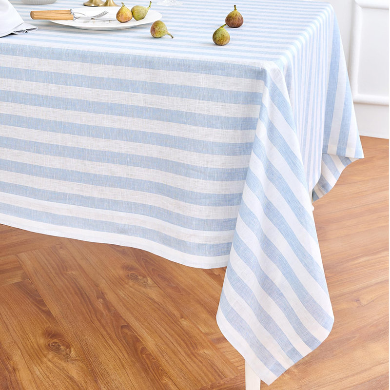 100% Pure Linen Tablecloth -Sorrento Stripe, 120" L x 60" W, Blue/White