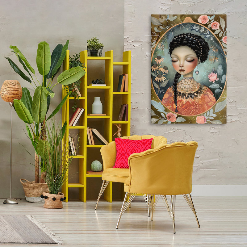 Toile à bordure florale et portrait de femme, design par The Dutch Lady, H 45 po x l 30 po