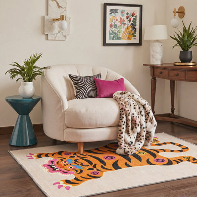 Verdant Animal Print Machine Washable Orange / Black / Beige Indoor Area Rug with Non-Slip Backing