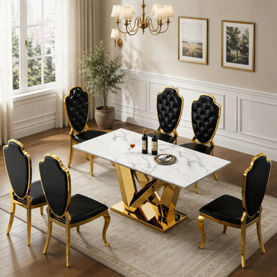 Modern Faux Marble Dining Table for 6-8 People, Rectangular with Mirrored Finish Stainless Steel Base, Large Kitchen Table