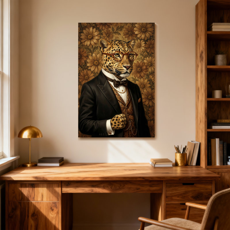 Animaux léopard en costume avec lunettes et fleurs, H 40 po x l 28 po