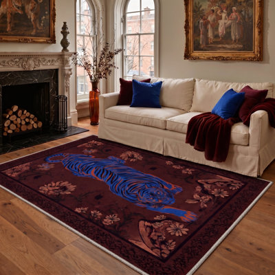 Tapis de sol performant à poils courts, lavable, antidérapant, à motifs animaux brun et bleu