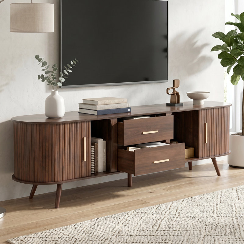 Meuble télé moderne pour téléviseur de 80 po, console multimédia, centre de divertissement, avec 2 tiroirs, 2 portes coulissantes, pour le salon, la chambre à coucher, facile à assembler