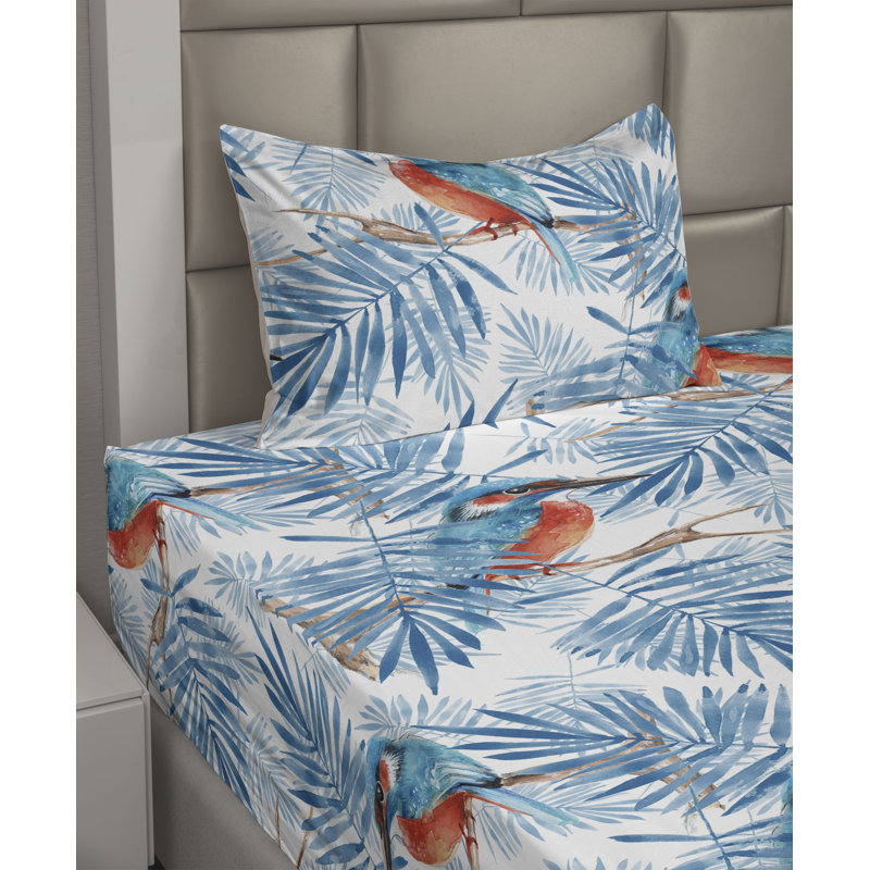 Ambesonne Watercolor Botany Sheet Set 4 Pcs Retro Boho Bloom, Sea Blue Vermilion White Floral