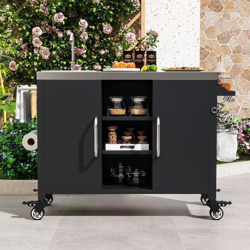 Chariot de barbecue extérieur avec évier en acier inoxydable, armoire de rangement, support à épices réglable et roues verrouillables