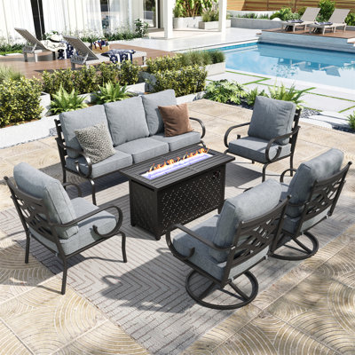 7 Person Outdoor Patio Seating Set With 2 Swivel Lounge Chairs & Optional Firepit Table