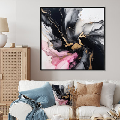 Marbre noir et or Splash IV - art mural abstrait en marbre, salon