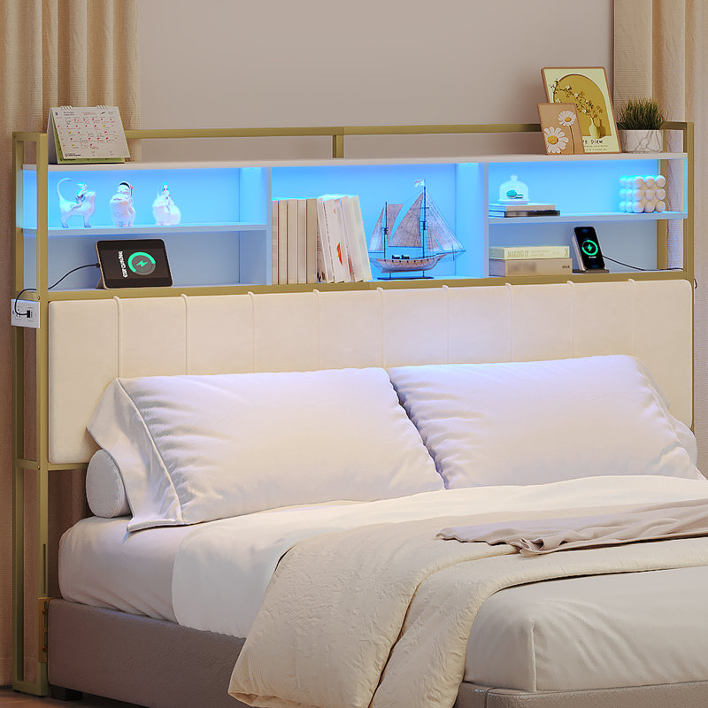 Headboard with 3-Tier Storage Shelves, Velvet Upholstered Head Board with 2 Outlets, USB Ports & LED Light, Soft Backrest