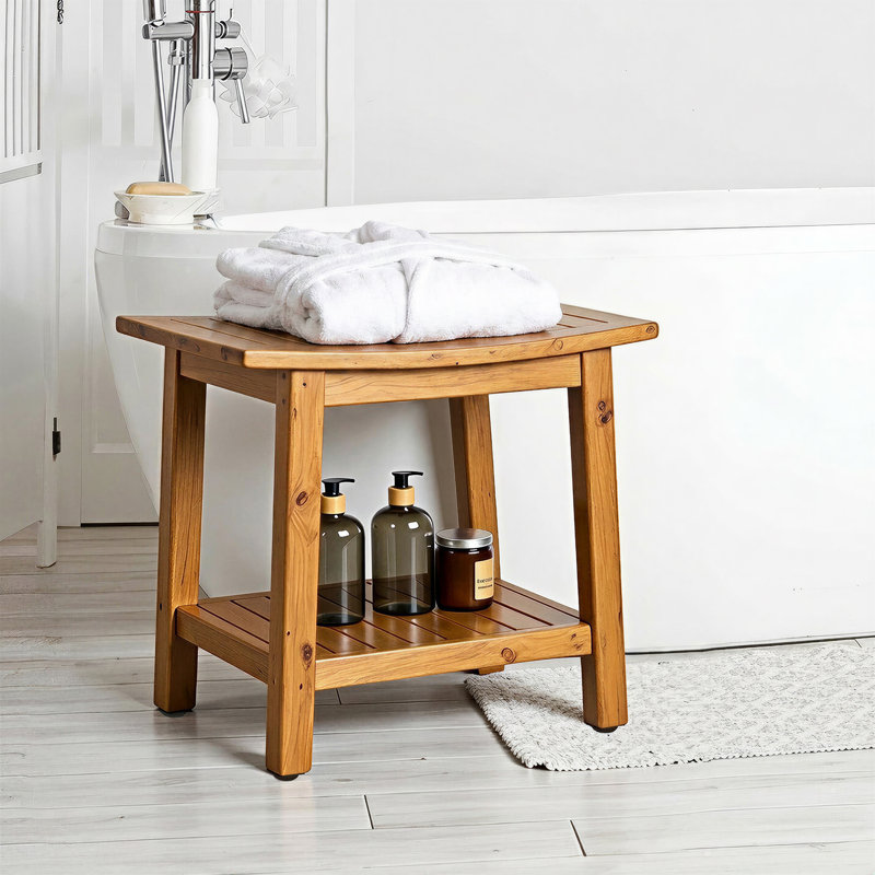  20" W Solid Teak Shower Bench, Teak Shower Stool & Shower Chair with Adjustable Non-Slip Feet, Lower Storage Shelf