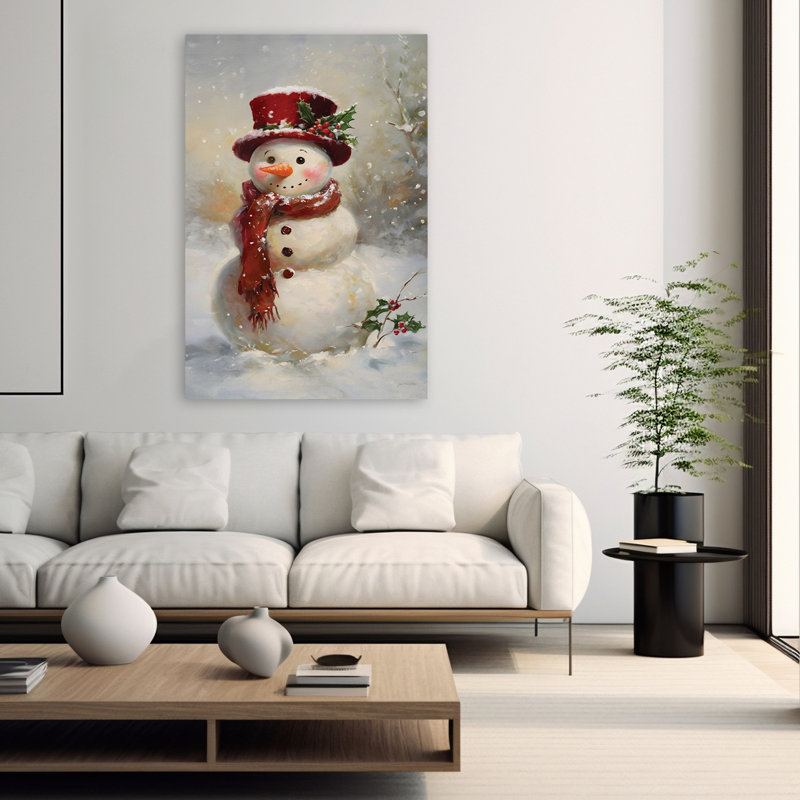 Snow Mandy - bonhomme de neige contemporain, chapeau rouge, feuilles de houx, art, H 40 po x l 60 po