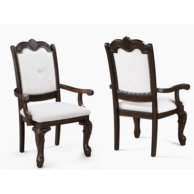 2 Arm Chairs For Traditional Dining Room, Solid Wood With Rich Coffee Finish, Back, Beige Fabric Upholstery And Detailed Frames In Style Spaces, Wood, Brown Colour, Intricate Design Elements