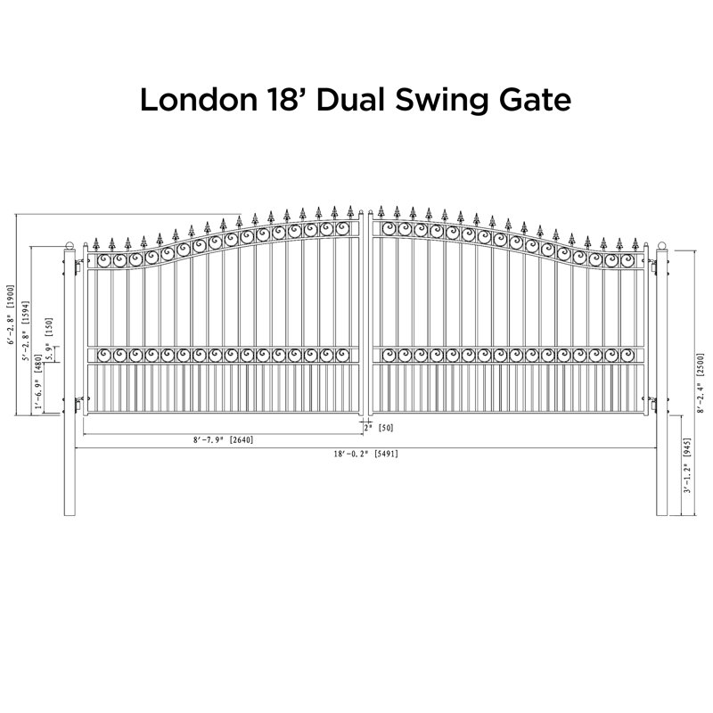 Steel Dual Swing Driveway Gate - LONDON Style , 18ft .W x 8 ft. H