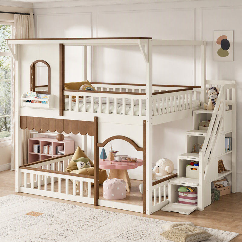 Lit superposé double au-dessus d'un lit double avec escalier de rangement, lit superposé avec fenêtre et bibliothèque latérale, espace inférieur convertible pour dormir ou jouer, cadre de lit en bois massif conçu pour jouer. Beige et naturel profond