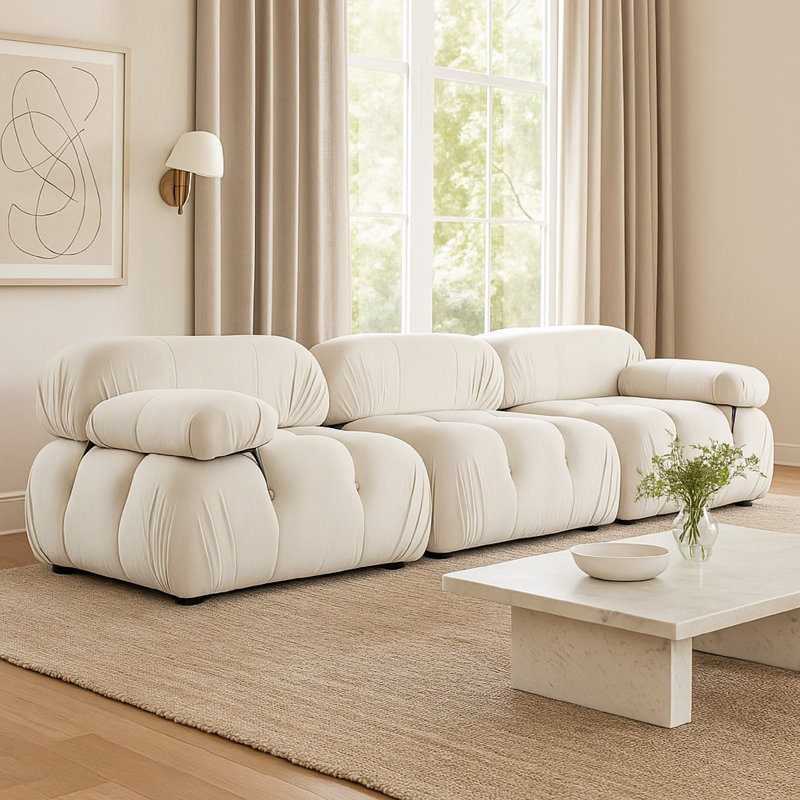 Ensemble de canapé modulaire 3 pièces Hito, pouces, capitonnage à bulles, Velours crème, H 30 po x l 111 po x P 37 po