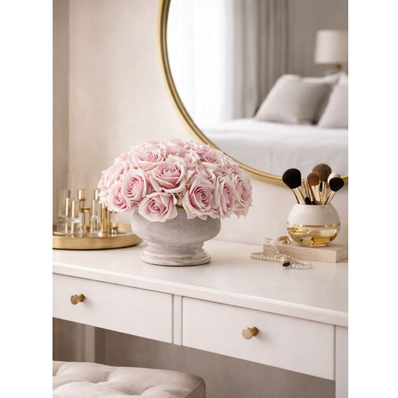 Faux Rose Arrangement in Footed Bowl