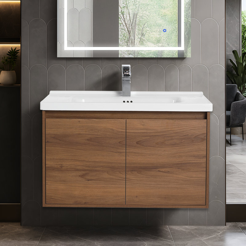 Gennep 32" Wall-Mounted Bathroom Vanity with Sink – Floating Wood Cabinet with Soft-Close Storage & Integrated Ceramic Top