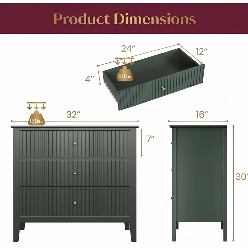 Grande table de bout moderne de 32 po à 3 tiroirs, table de chevet cannelée verte, Vert
