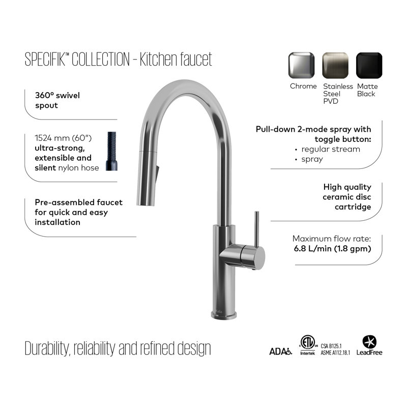 Robinet de cuisine rétractable à une poignée et double jet Kalia Specifik, Acier Inoxydable